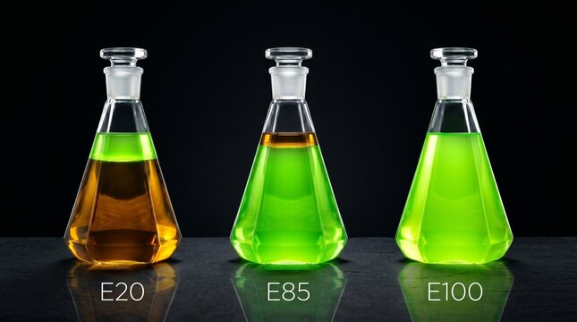 Three glowing conical flasks on black showing E20, E85, and E100 ethanol biofuel blends, visualizing the shift from fossil fuels to pure green renewable energy.