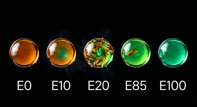 Five glowing liquid spheres on a black background representing E0 to E100 ethanol biofuel grades, transforming from orange combustion to pure green energy.