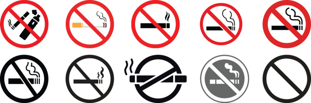 Set of no smoking and no vaping prohibited signs collection with prohibited restricted cigarette illustration regulations prohibition awareness campaign
