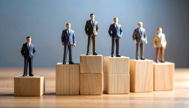 Miniature executives standing on elevated platforms with one figure surpassing the rest, representing success, recognition, and professional growth.