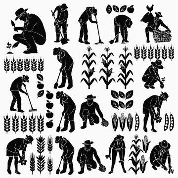 Farmer silhouettes engaged in agriculture and gardening for a successful harvest, including various crop icons in a black silhouette vector