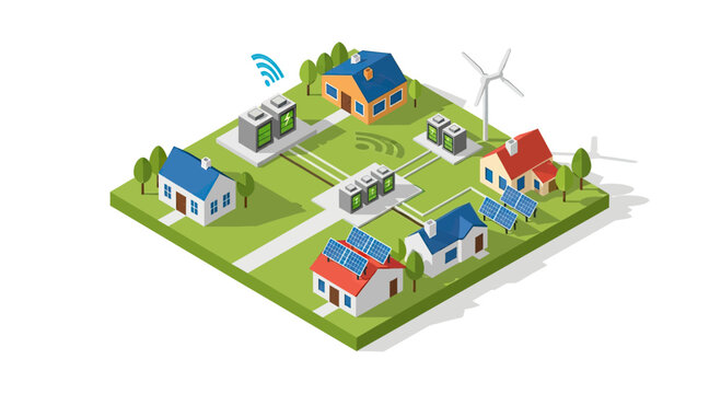 Smart grid technology connecting homes with renewable energy sources and battery storage systems for efficient power distribution.