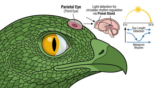 Bird head, parietal eye, anatomy, eye structure, scientific illustration, educational diagram