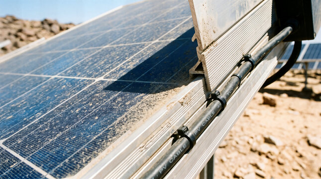 Dirty solar panel featuring a secured pv cable and a dusty aluminum frame in an arid desert environment