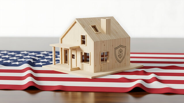 Conceptual miniature wooden house model sitting on the United States American flag representing affordable residential property market and real estate economy in the USA