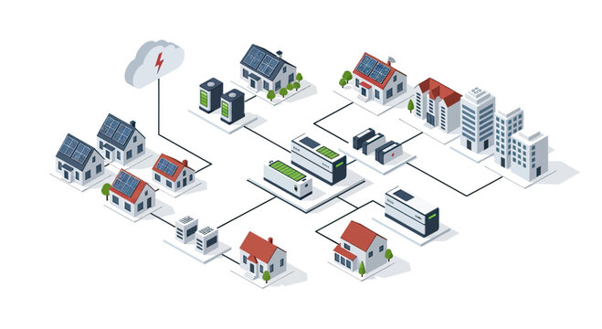 Illustration of a smart grid system connecting residential homes, commercial buildings, and industrial facilities with renewable energy sources and battery storage.