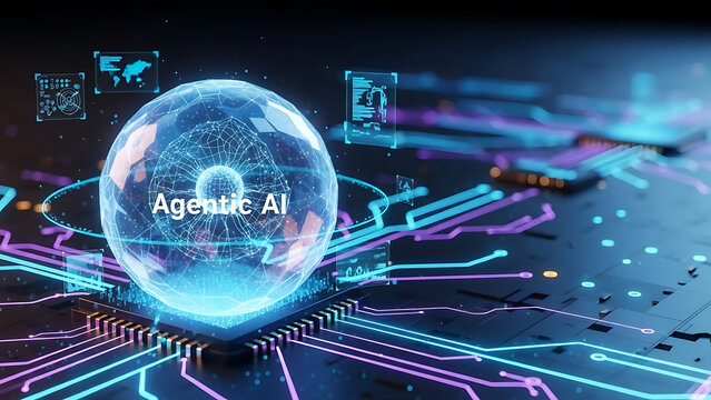 Agentic artificial intelligence system showcasing autonomous digital brain processing on futuristic glowing neon circuit board with high-tech data flow and complex neural network infrastructure.