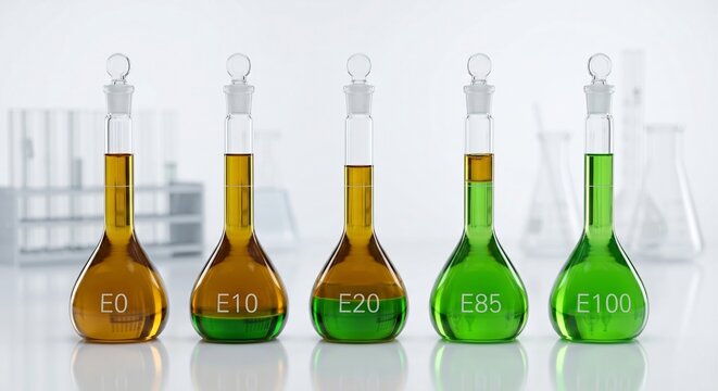 Five glass lab flasks isolated on white, displaying the E0 to E100 ethanol biofuel transition from amber petroleum to green renewable energy.