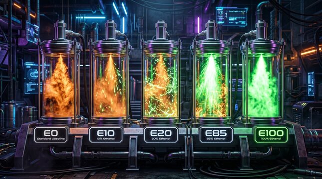 Cyberpunk energy lab featuring five advanced glass chambers illustrating the shift from E0 fossil fuel combustion to E100 glowing green biofuel.