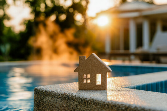 Miniature waterfront house by pool for property insurance marketing
