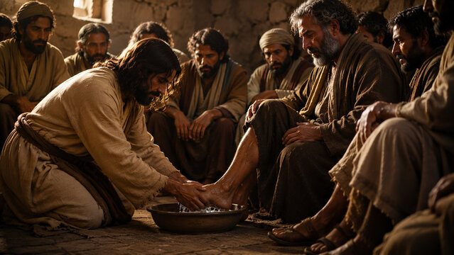 Jesus washing disciple foot humility ancient tradition compassion respect devotion faith