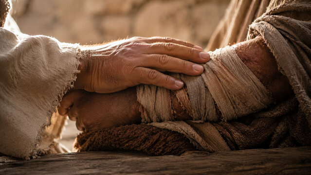 Hand touching bandaged arm compassion healing ancient empathy hope support care