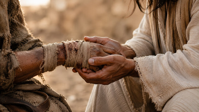 Wounded hand bandage compassion healing care gentle touch ancient clothing support