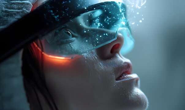 Woman wearing futuristic virtual reality goggles with a glowing blue and orange light on her face