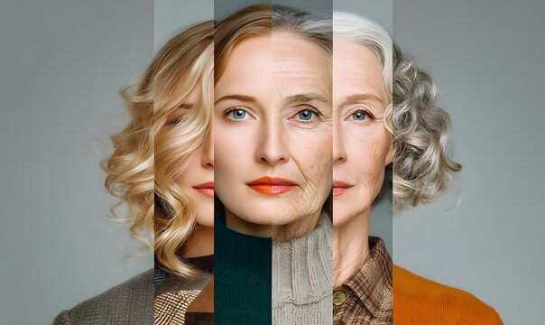 Woman's face shown in multiple stages of aging, from young to old, in a split-screen portrait.