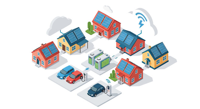 Illustration of a smart microgrid with houses, electric vehicles, and solar panels, showcasing renewable energy and distributed power generation.
