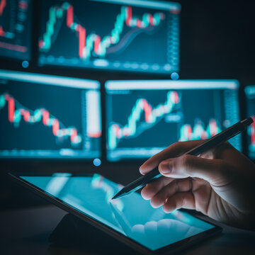 Professional trader using a digital stylus on a glowing tablet in a dark room representing financial data analysis