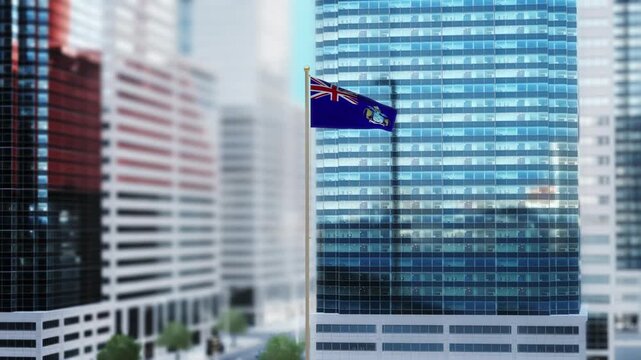 Tristan da Cunha Flag 3D Render Animation Waving in Front of Modern Glass Buildings - Daytime