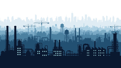 Fototapeta premium Industrial City Silhouette with factories and smokestacks at dusk.