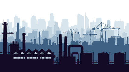 Obraz premium Industrial skyline with factories, smokestacks, and cranes spanning a modern urban horizon.