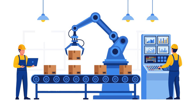 Industrial factory scene with robotic arm and conveyor belt in a modern production line.