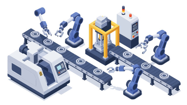 Isometric factory assembly line with robotic arms in an automated industrial plant.