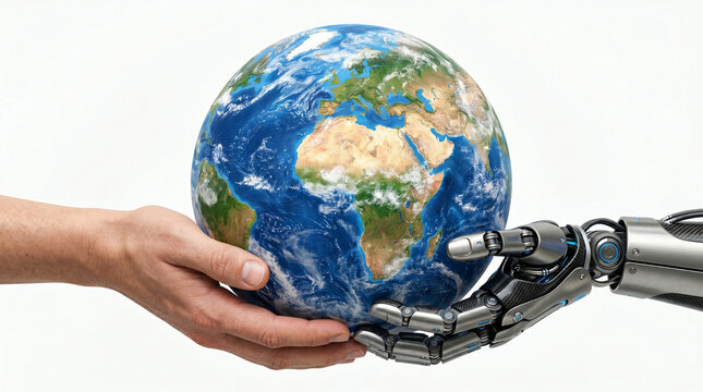 Bionics Bionik Biomechanisch Bionisch Menschlich Hände Schutz Hand Erdkugel Klimaschutz. Mensch und Maschine tragen gemeinsam die Erde als Symbol f&uuml;r Umweltschutz und technologischen Fortschritt