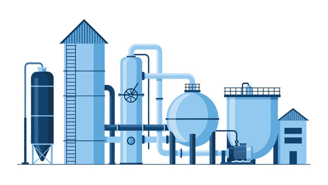 Industrial factory complex with towers, silos, and piping infrastructure.