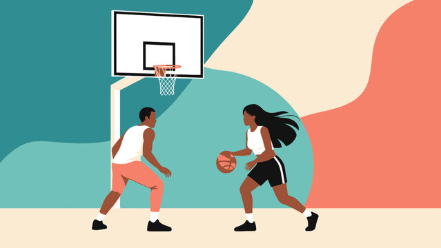 Two Players Compete in an Outdoor Basketball Game on a Colorful Court.