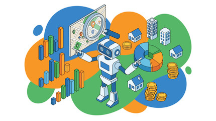 Fototapeta premium Isometric robot analyzing business data and financial charts with buildings and coins.
