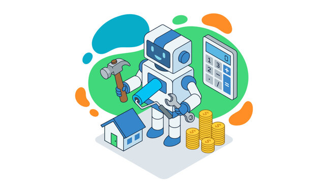 Isometric Robot Construction Worker Holding Hammer and Wrench with House and Coins.