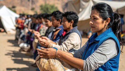 Obraz premium Humanitarian aid worker in blue vest distributes grain bags to waiting queue of people in arid outdoor setting