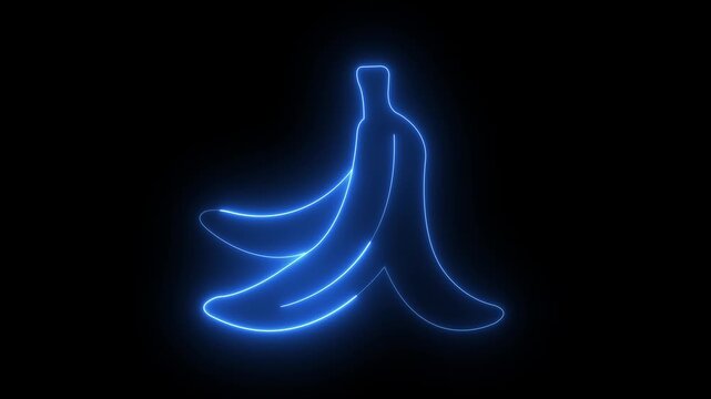 glowing neon banana peel icon isolated on black background. depicting organic waste, slippery fruit hazard signs and symbolizing ecological disposal. 4k video animation.