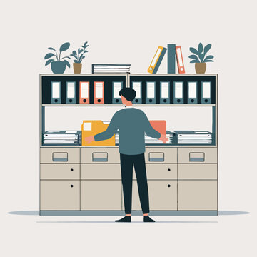 Man organizing files and binders on a large office shelving unit.