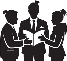 Fototapeta premium Black silhouette of three people in business suits holding a document, isolated on white... team d