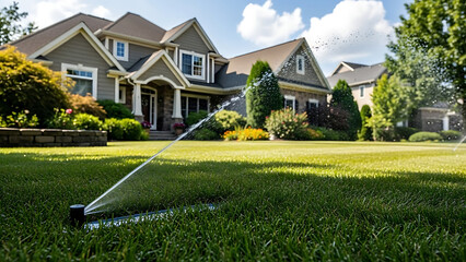 Obraz premium Automated irrigation system watering a lush green residential lawn backyard garden with professional sprinkler head spraying fresh water droplets during summer maintenance for healthy grass.