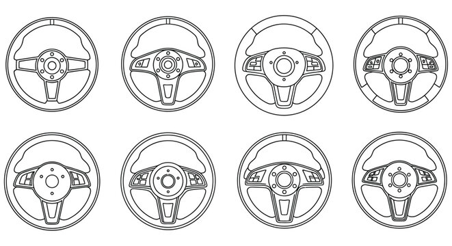 Steering Wheels Collection Black And White Line Art Illustration automotive