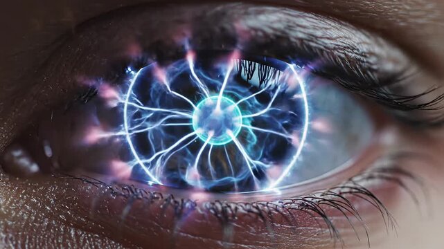 Close-up of human eye with electric energy visualizations, showcasing progressive illumination and dynamic movement of light within the iris and pupil, creating a captivating visual effect