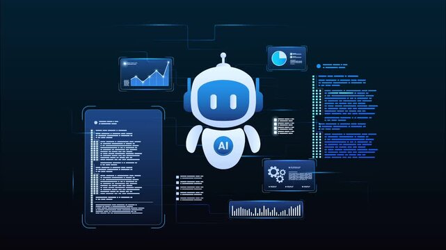 Futuristic AI workflow automation network diagram with ai agent assistant, coding panels and data analytics dashboard, looped animation