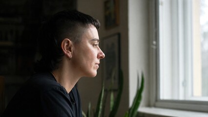 Obraz premium Thoughtful person gazing out bright window in quiet home interior during daytime