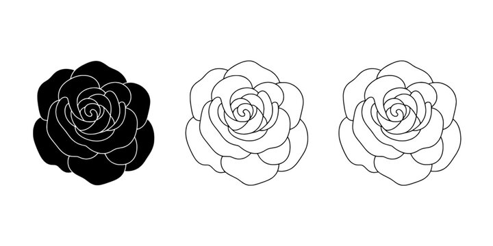 Flower Rose Emblem in Vintage Line Art Style, Isolated Icon with Layered Petals and Smooth Vector Contours for Tattoos