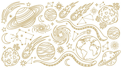Celestial cosmic line art collection with planets stars. © Ojufa