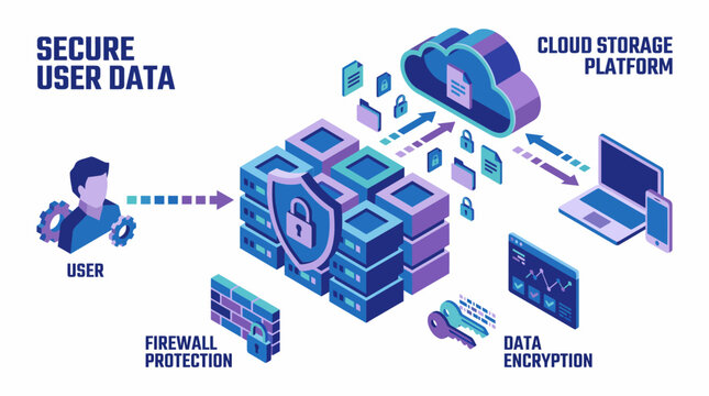 Secure User Data Cloud Storage Platform Firewall Protection Data Encryption Technology Illustration.