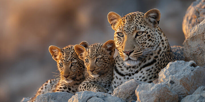 Leopard Mother with Two Cubs on Rocky Outcrop