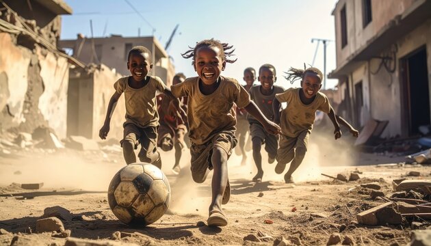 Joyful Children Chasing a Worn Soccer Ball Through a Dusty Outdoor Lot