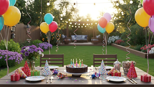 Festive outdoor birthday celebration featuring a gourmet cream cake on a rustic wooden table, adorned with colorful balloons and bunting in a sunny home backyard garden with copy space area.