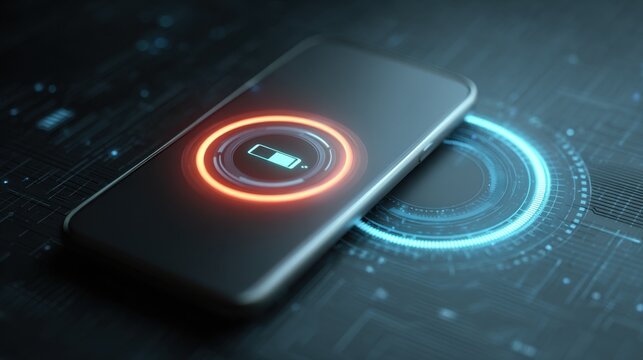 Smartphone Charging: A sleek smartphone displays a glowing battery icon, indicating it is actively charging on a futuristic interface, suggesting progress and power.
