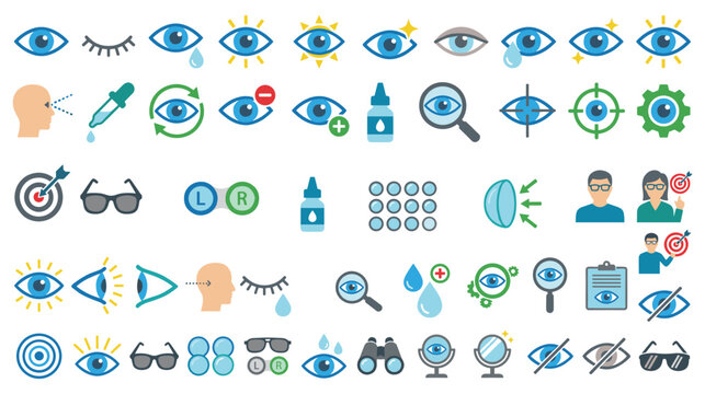 Ophthalmology and optometry eye care medical icon set.