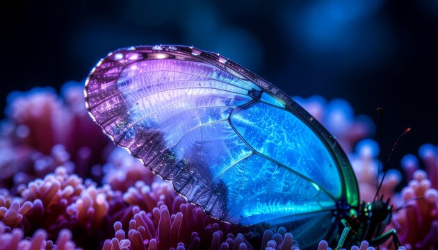 Morpho butterfly wing macro closeup glowing in blue and purple on coral background