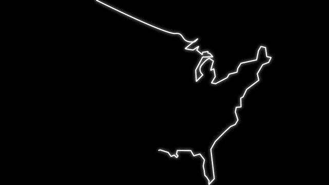 USA map outline drawing animation revealing United States flag texture and typography text on black background
